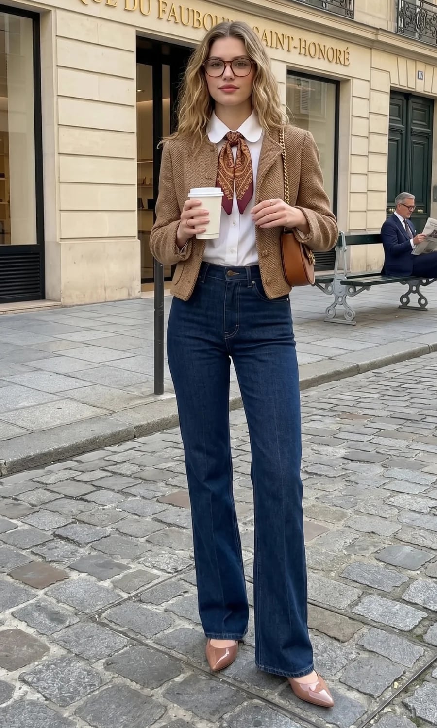 Brown tweed blazer and straight-leg jeans Brown tweed blazer and straight-leg jeans — Europe Outfits
