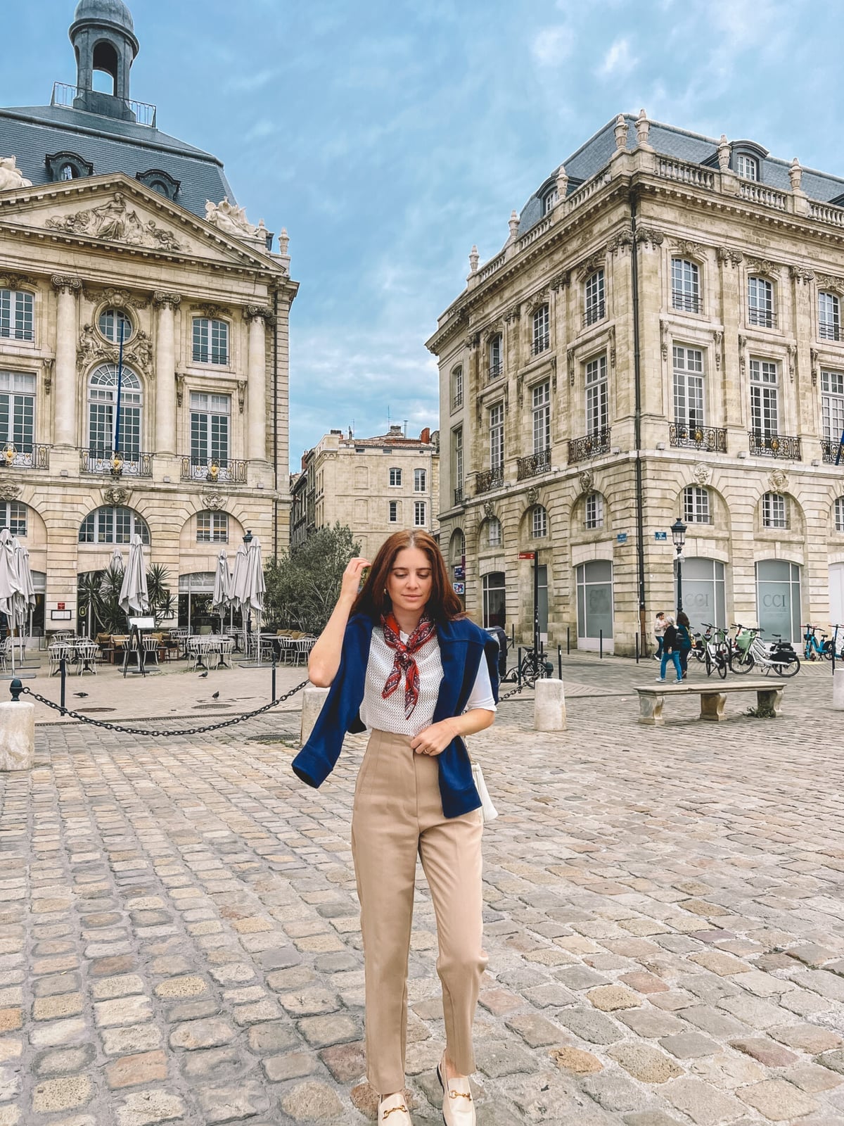 Navy blazer over pinstripe shirt and beige trousers Navy blazer over pinstripe shirt and beige trousers — Europe Outfits
