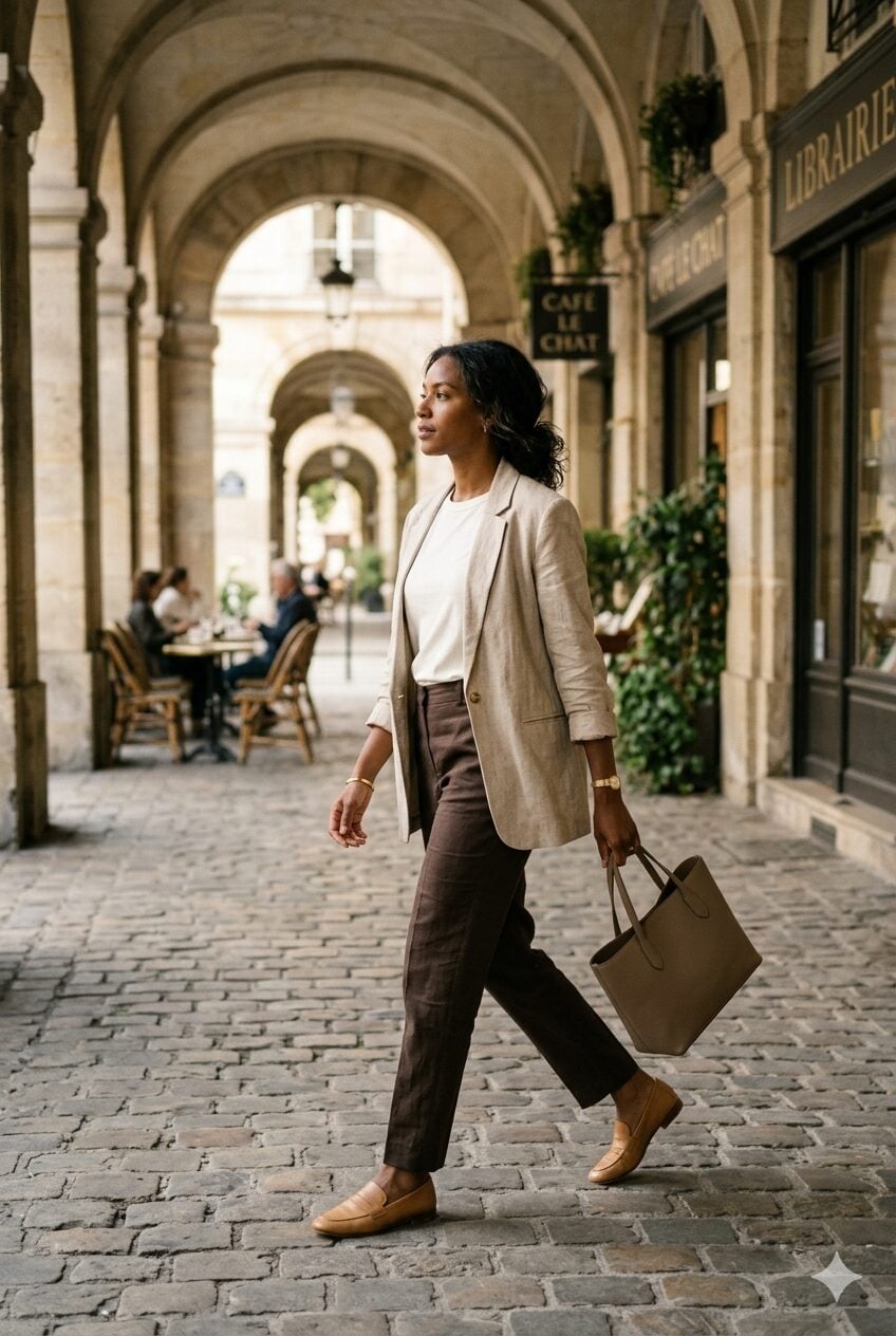Beige linen blazer and trousers for city Beige linen blazer and trousers for city — Europe Outfits