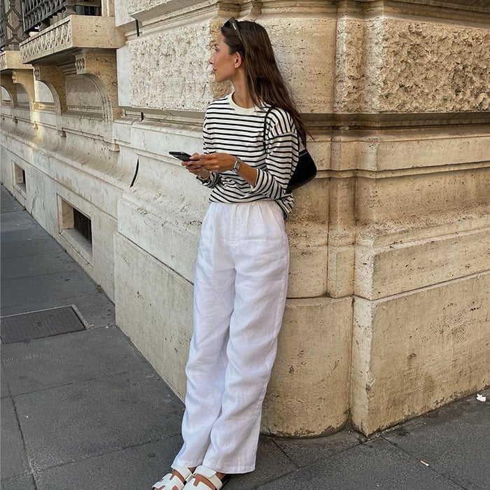Striped top with white linen trousers Striped top with white linen trousers — Everyday Outfits