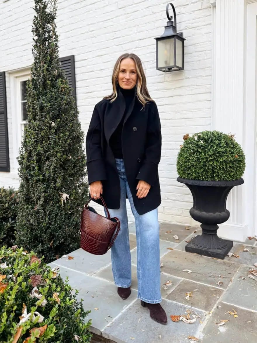 Black coat over turtleneck with wide leg jeans, Relaxed Fit Black coat over turtleneck with wide leg jeans, Relaxed Fit — Everyday Outfits
