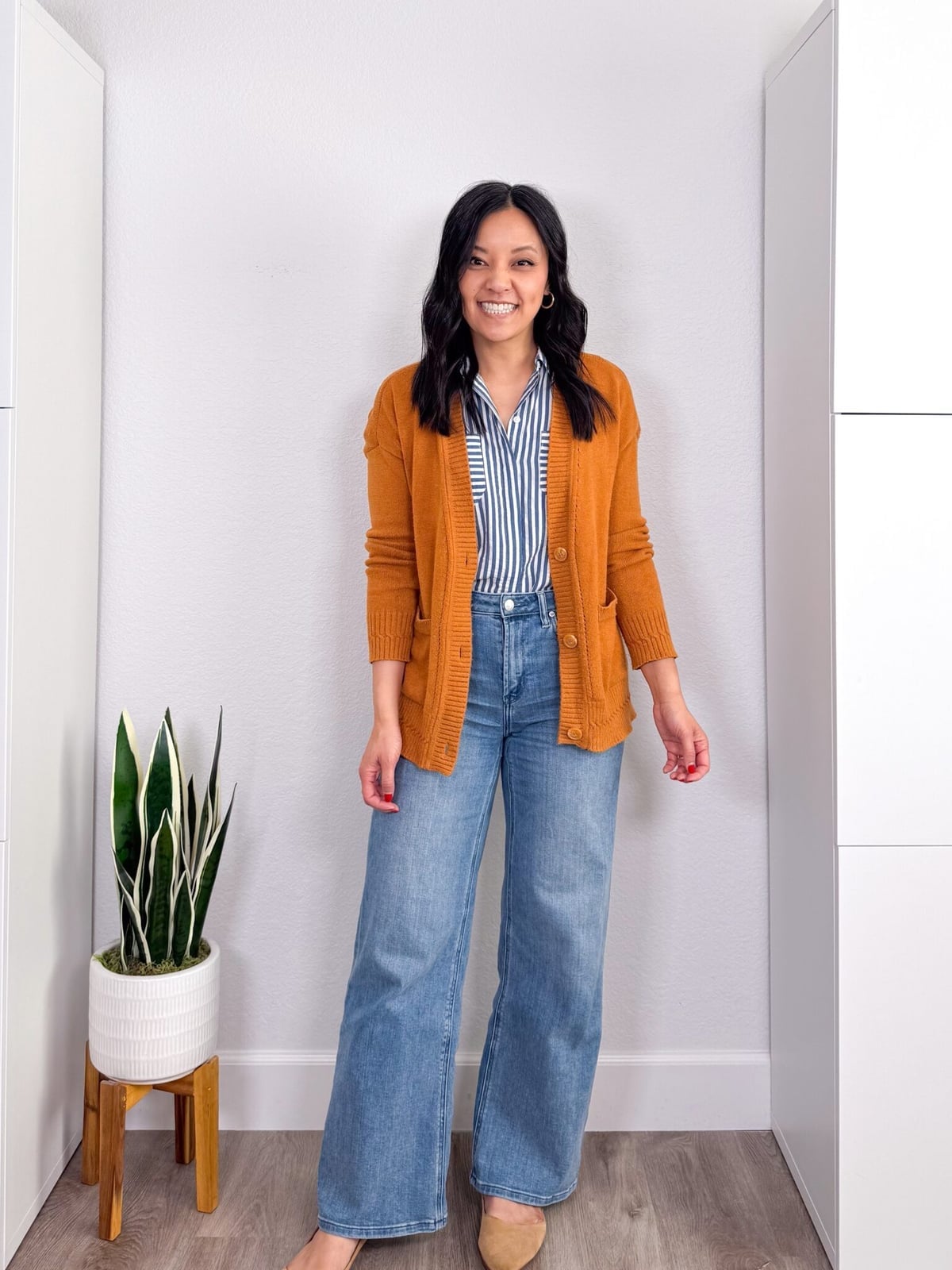 Rust cardigan over striped shirt with jeans Rust cardigan over striped shirt with jeans — Everyday Outfits