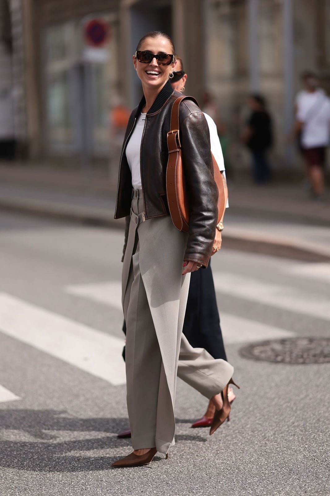 Leather bomber jacket over t-shirt with wrap trousers Leather bomber jacket over t-shirt with wrap trousers — Everyday Outfits