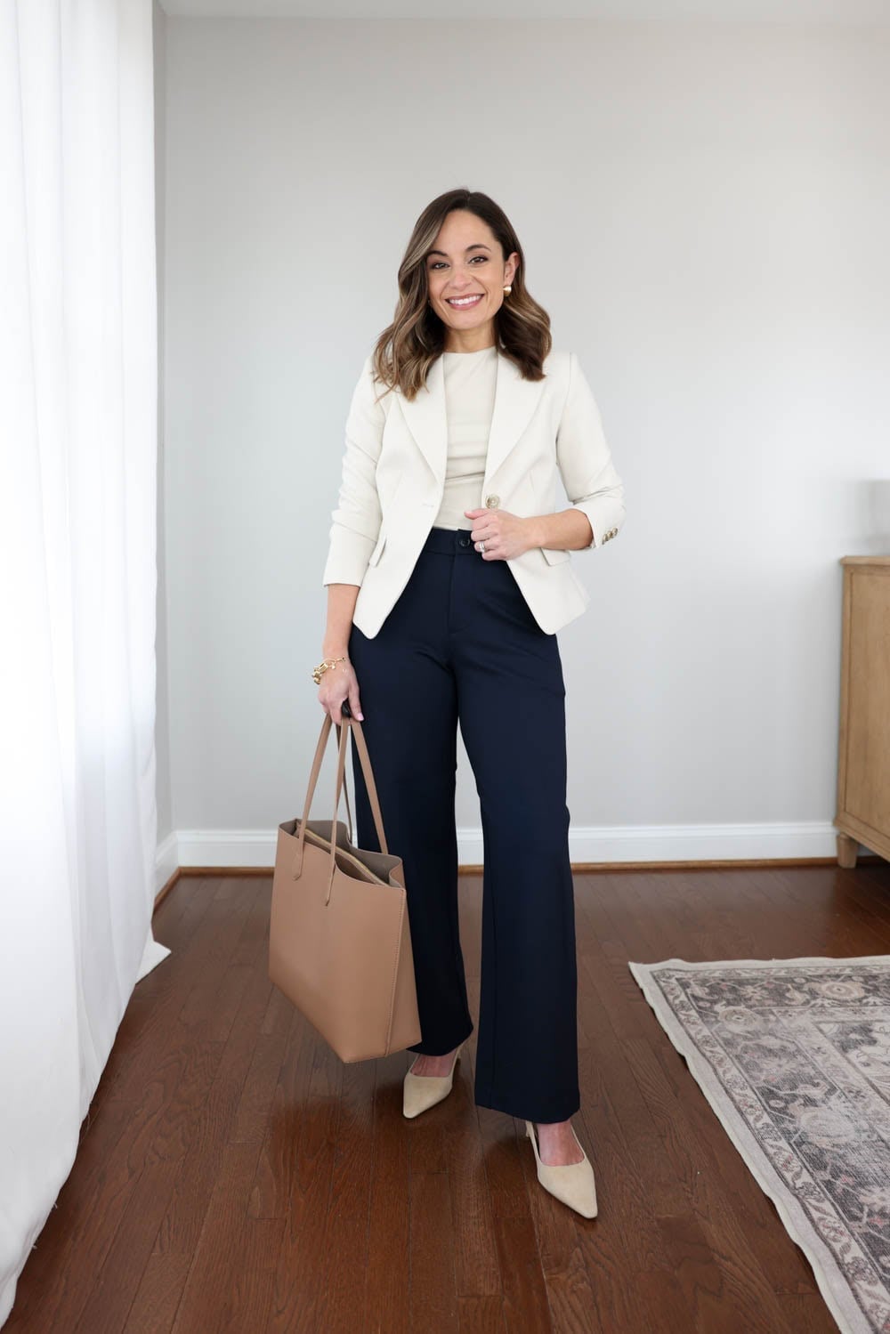 Ivory blazer over knit top with navy trousers Ivory blazer over knit top with navy trousers — Everyday Outfits