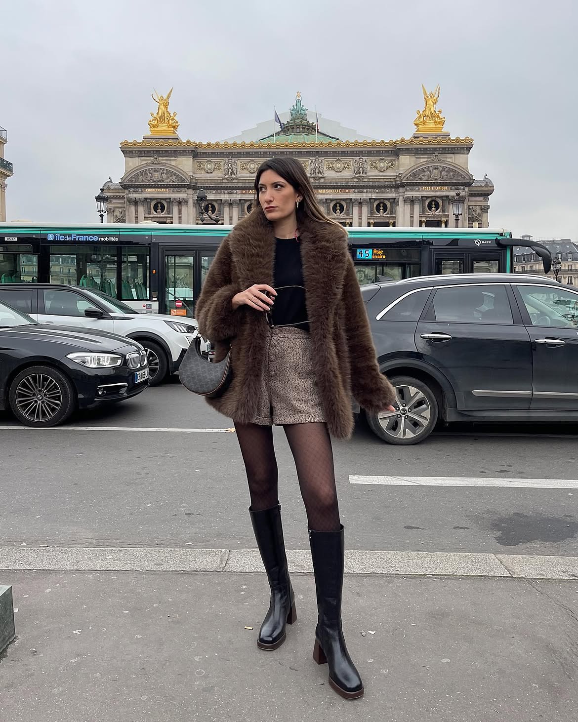 Faux Fur Coat And Tall Boots Winter Look
