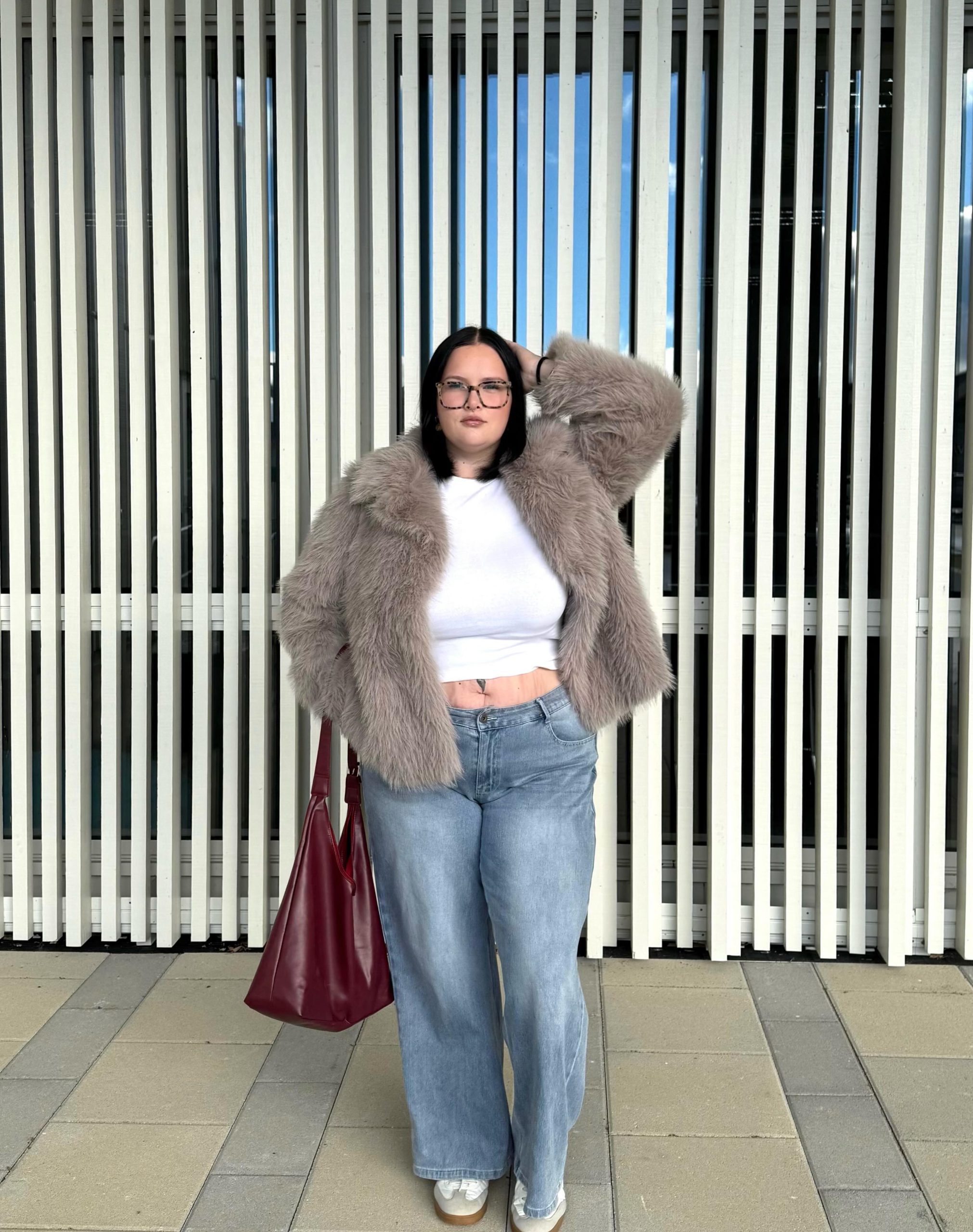 Faux Fur Coat And Wide Leg Jeans Winter Casual