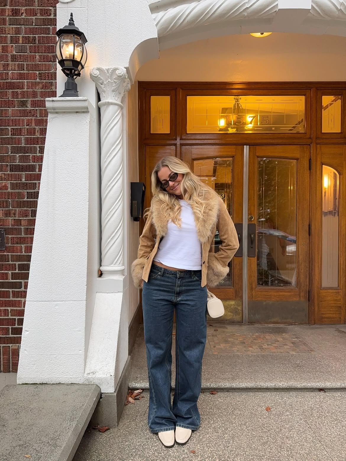 Faux Fur Trimmed Jacket With Wide Leg Denim