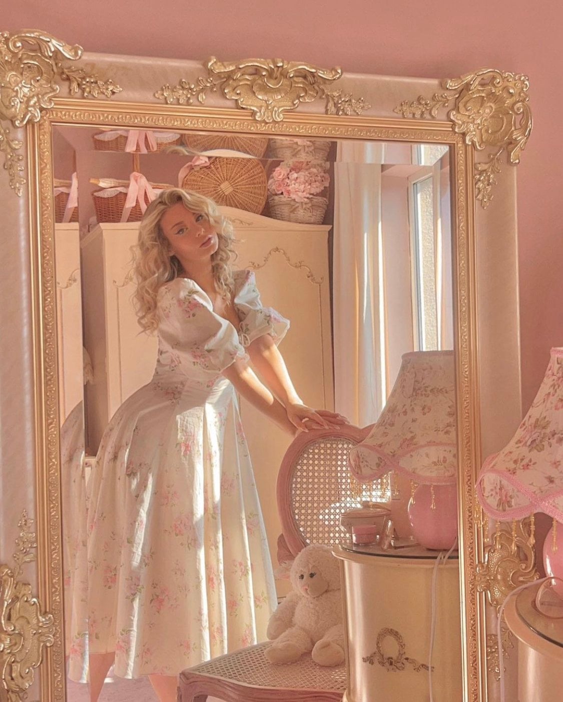 A pale blue and pink floral dress with puff sleeves and fit-and-flare A pale blue and pink floral dress with puff sleeves and fit-and-flare — Feminine Style
