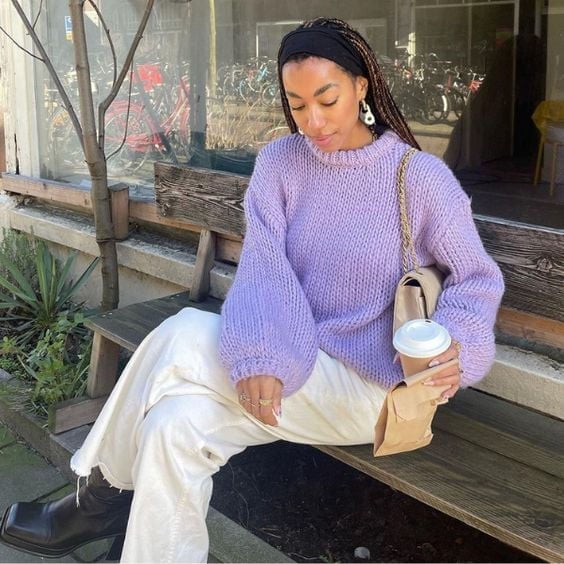 A lavender chunky knit sweater with cream wide-leg pants A lavender chunky knit sweater with cream wide-leg pants — Feminine Style