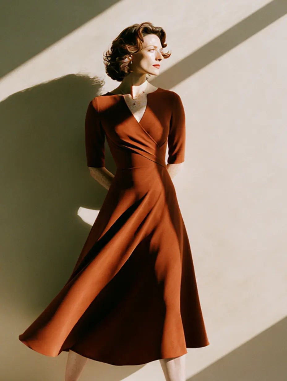 A rust-colored wrap dress offers a feminine fit-and-flare silhouette A rust-colored wrap dress offers a feminine fit-and-flare silhouette — Feminine Style