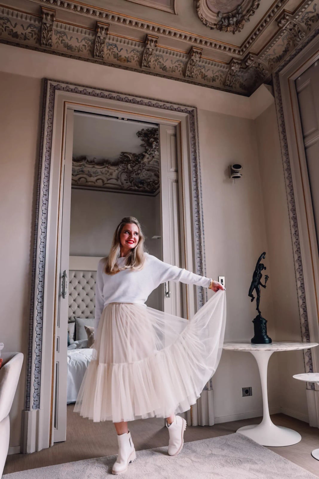 A cream tiered tulle midi skirt with a white, Office-Safe Version A cream tiered tulle midi skirt with a white, Office-Safe Version — Feminine Style
