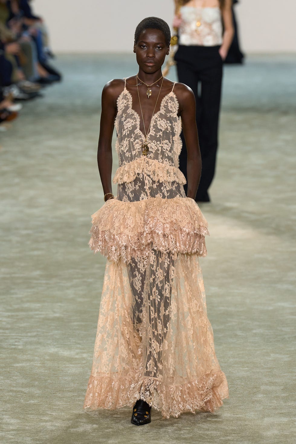 A peach sheer lace dress with tiered ruffles, Close-Up Take A peach sheer lace dress with tiered ruffles, Close-Up Take — Feminine Style
