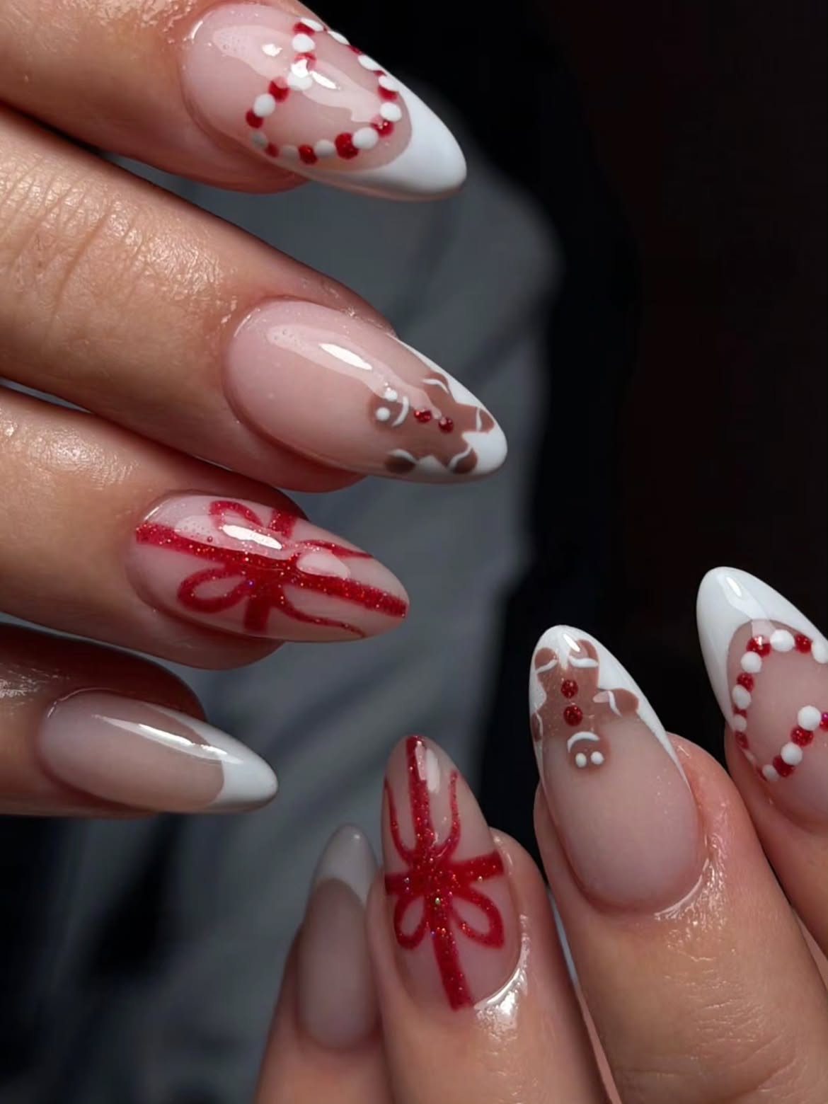 Festive Almond French Tips with Gingerbread Men