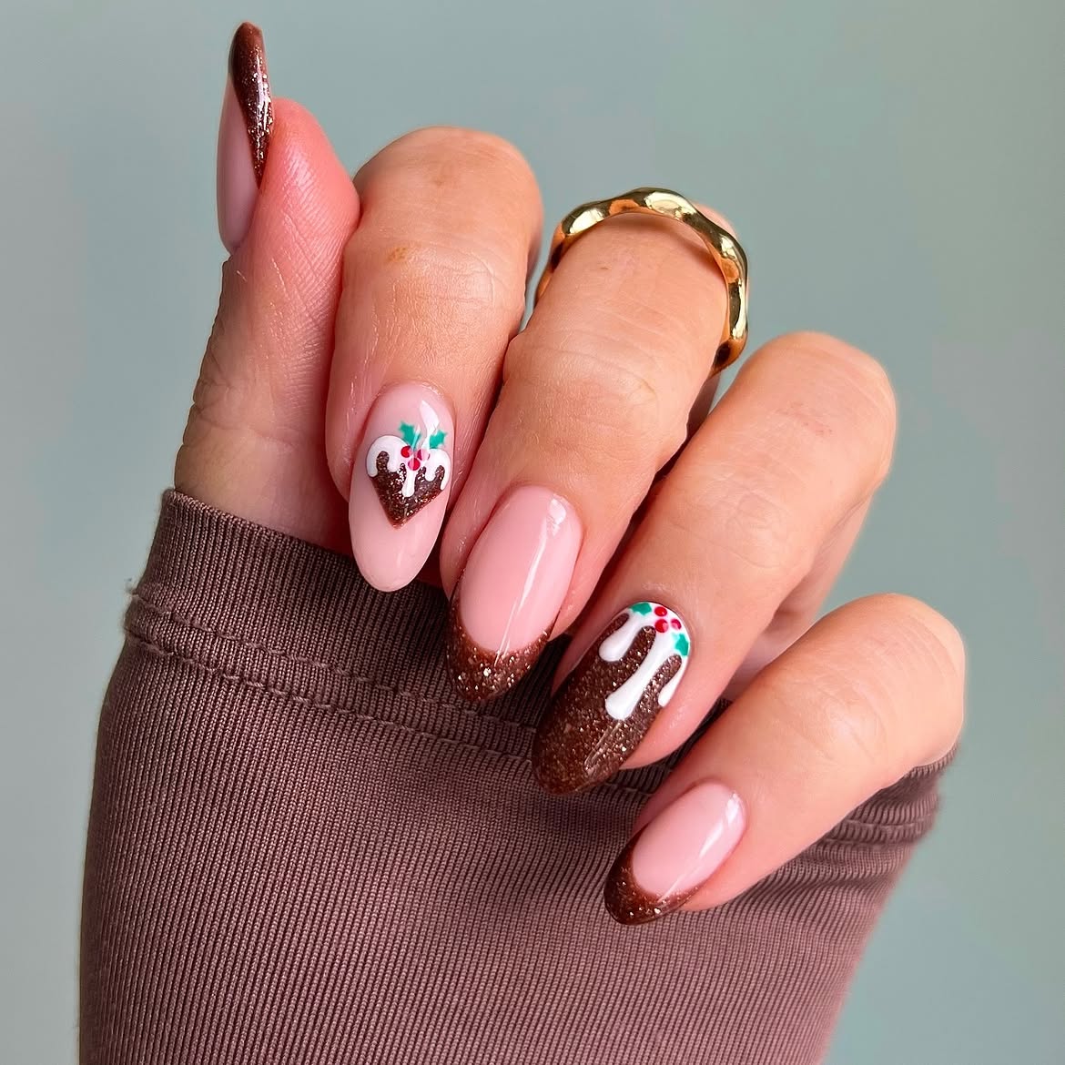 Festive Brown Glitter French And Pudding Christmas Nails