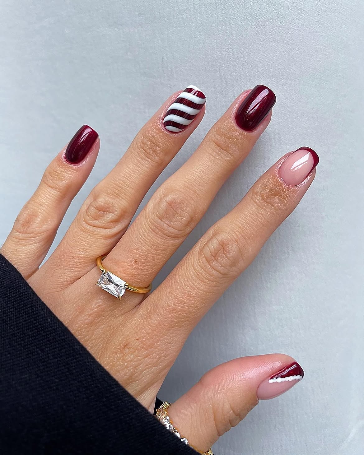 Festive Burgundy & White Candy Cane French Tips