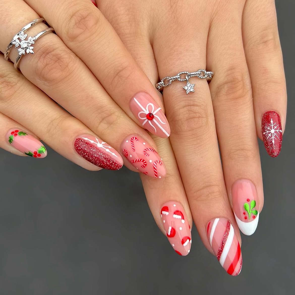Festive Candy Cane Christmas Almond Nails