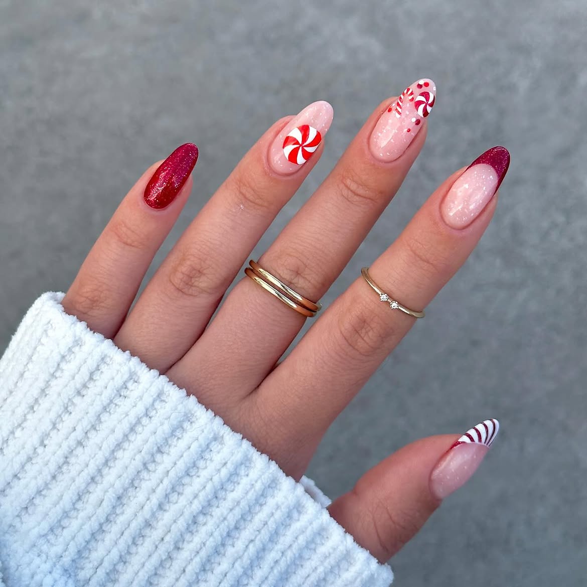 Festive Candy Cane French Tip Almond Nails