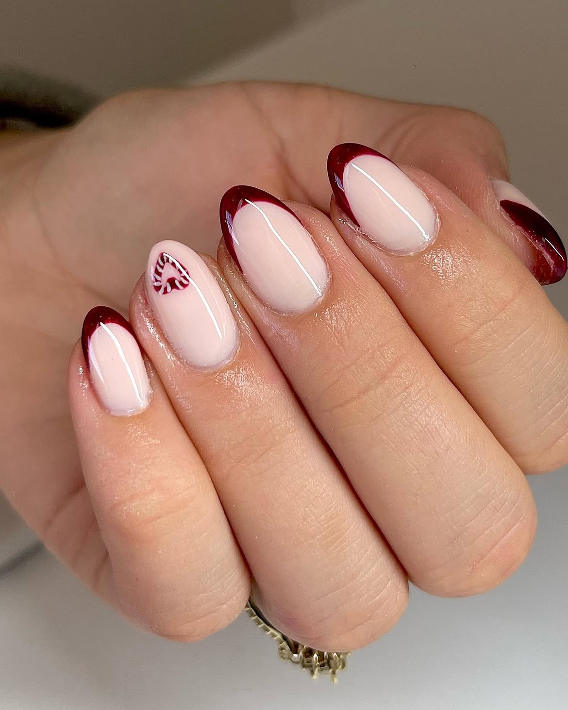 Festive Candy Cane Heart French Tips
