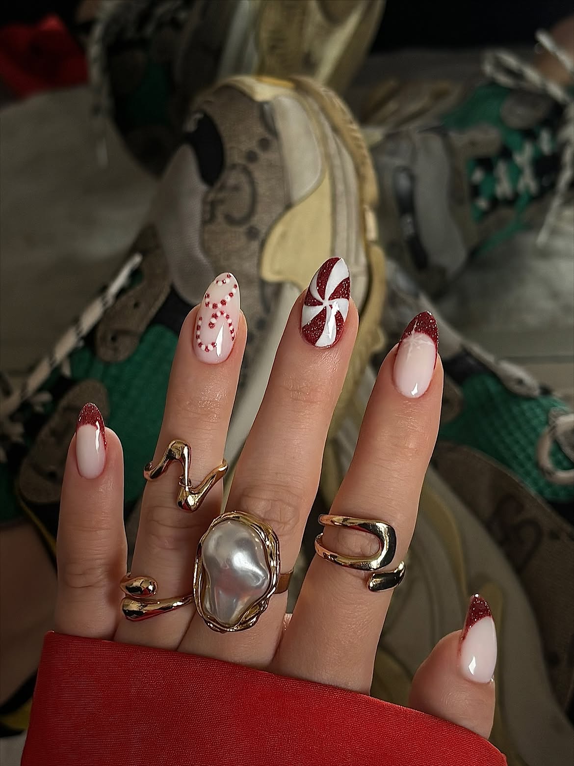 Festive Candy Cane Swirl Almond Nails