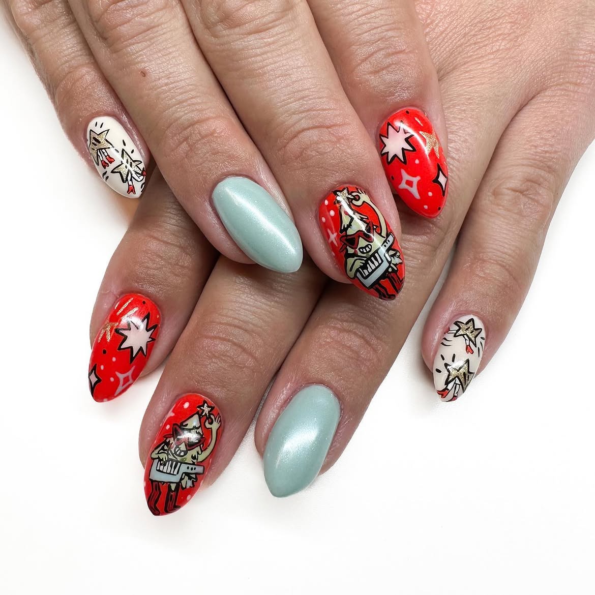 Festive Cartoon Christmas Tree Character Nails