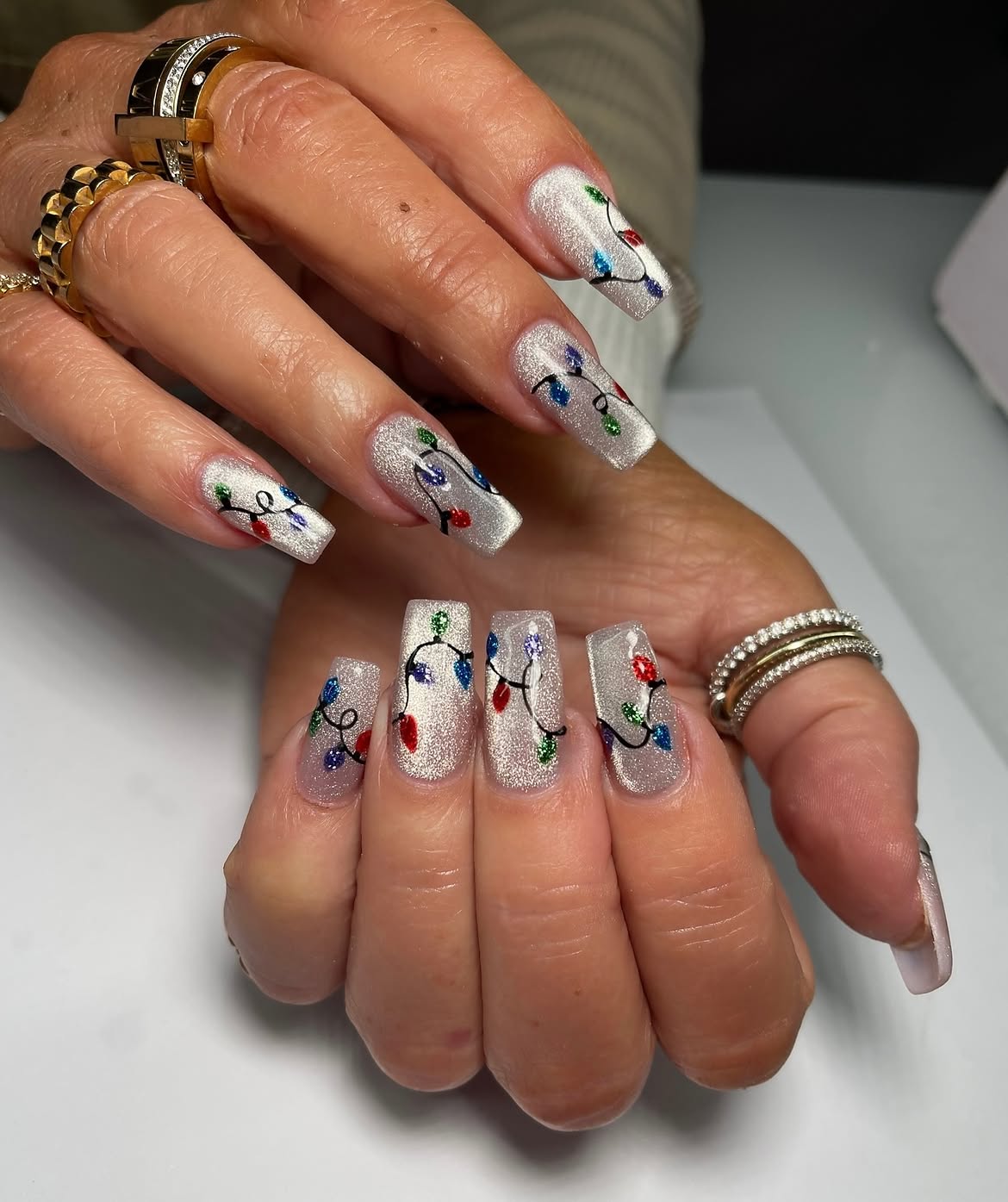Festive Cat Eye Christmas Lights Square Nails
