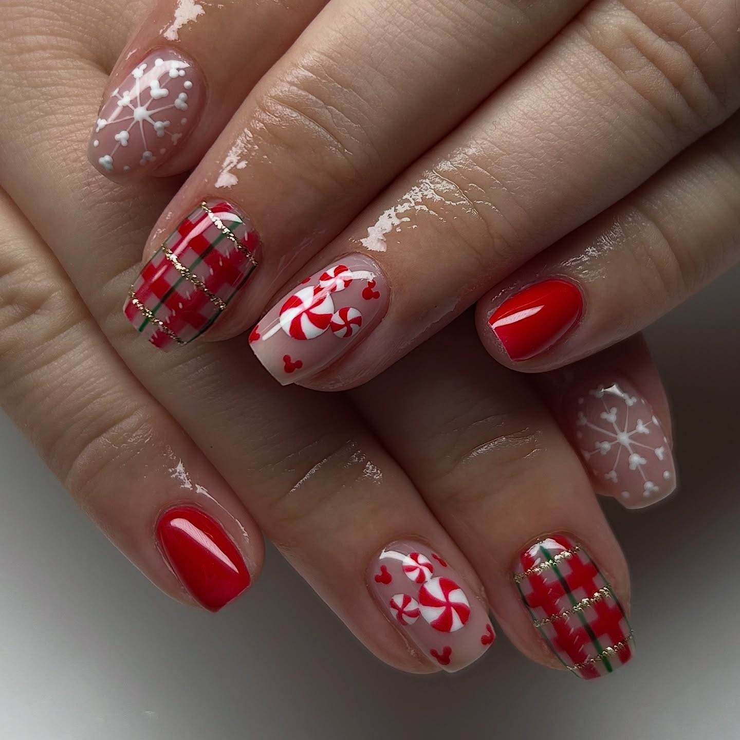 Festive Christmas Candy Cane Plaid Snowflake Nails