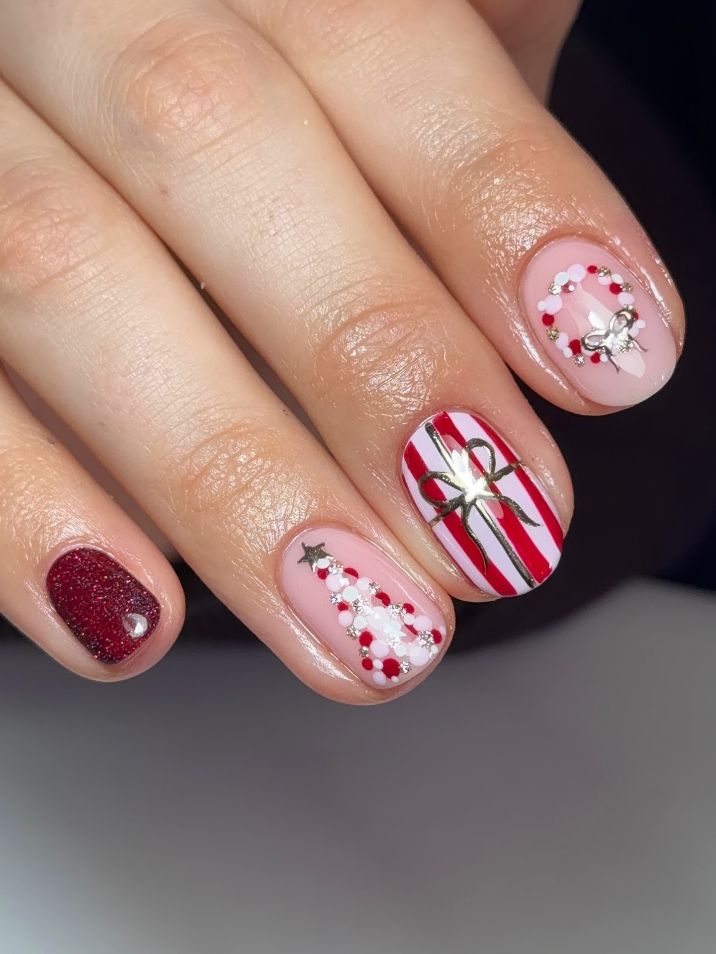 Festive Christmas Gift And Wreath Nail Art