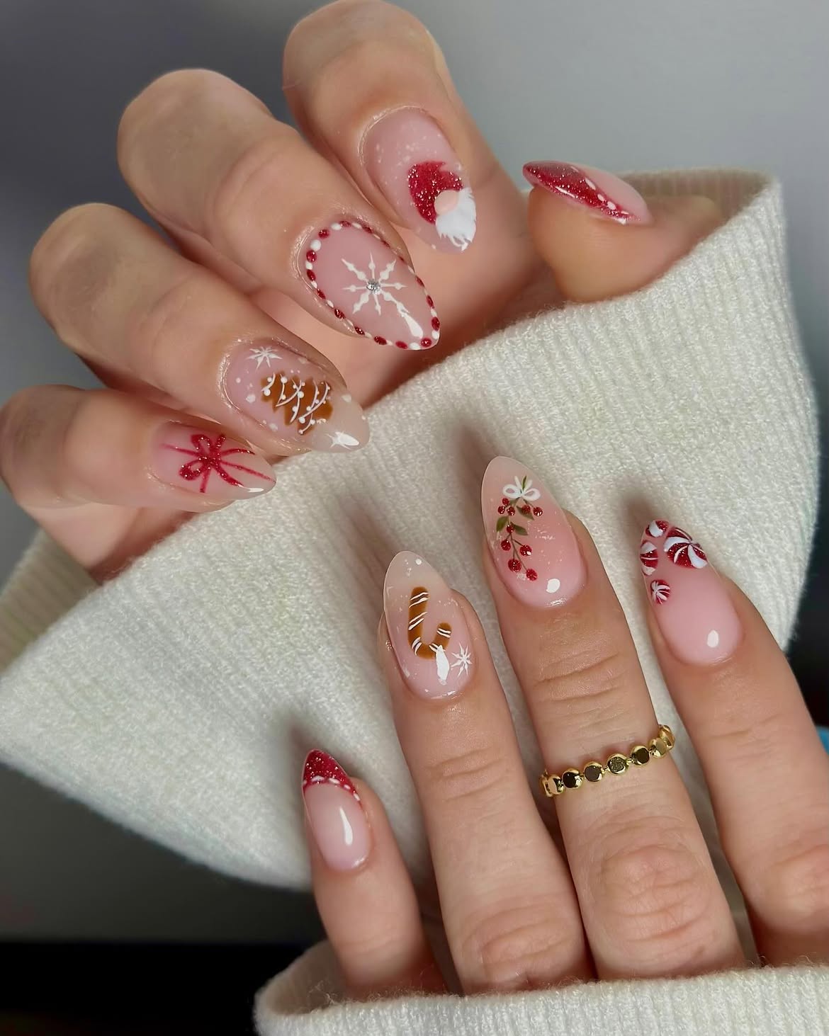 Festive Christmas Gnome and Candy Cane Almond Nails