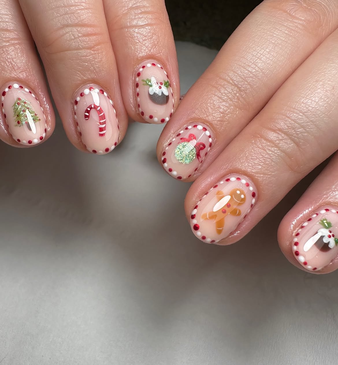 Festive Christmas Icons Milky Oval Nails
