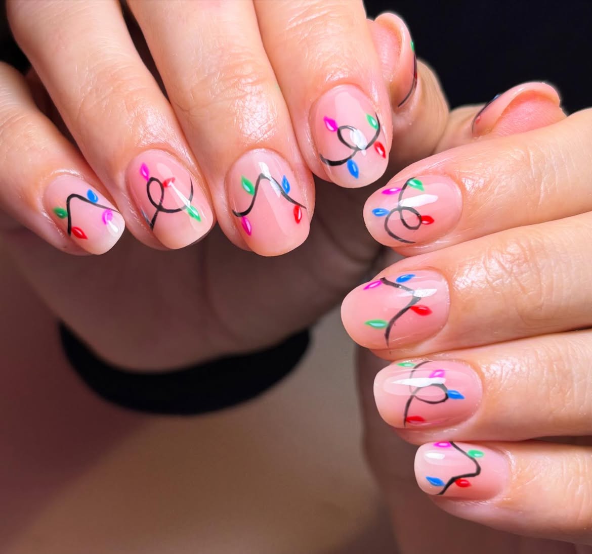 Festive Christmas Light Nail Art On Short Squoval