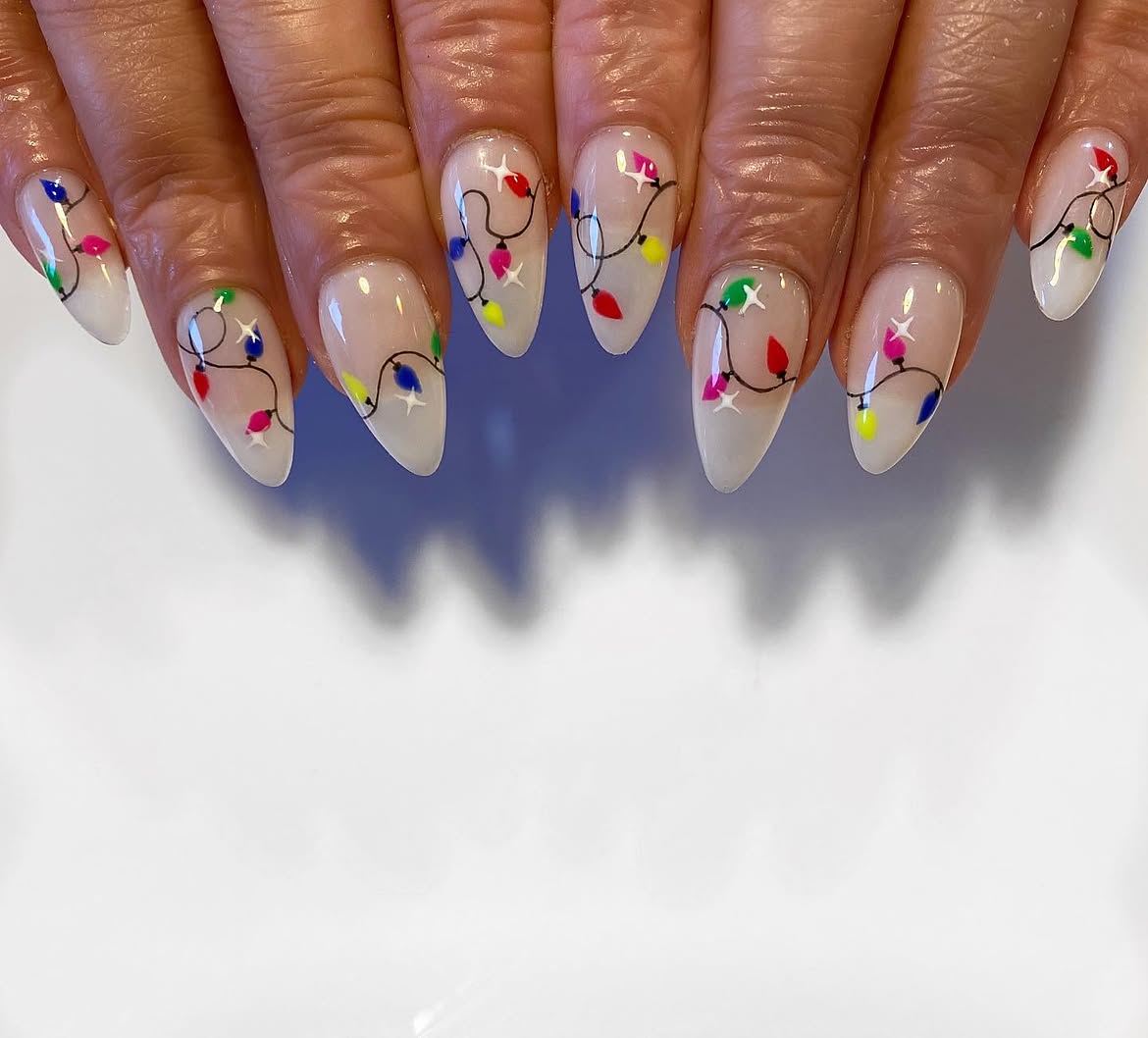 Festive Christmas Light String Almond Nail Art