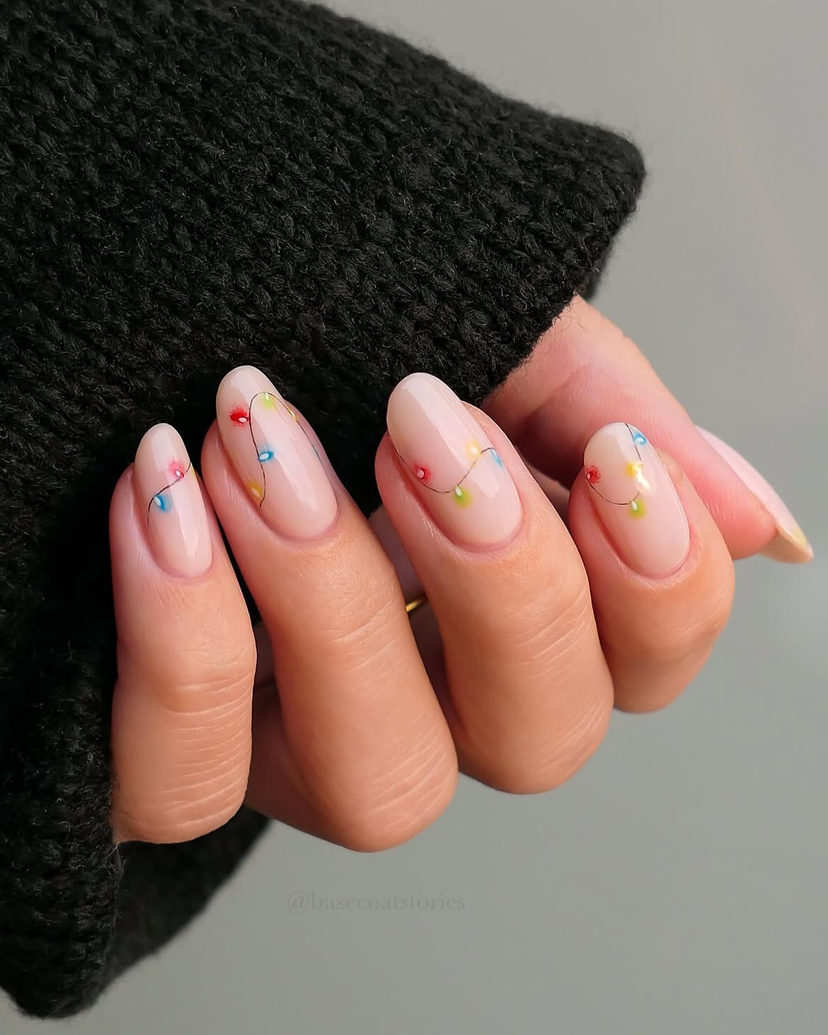 Festive Christmas Lights Almond Nail Art Design