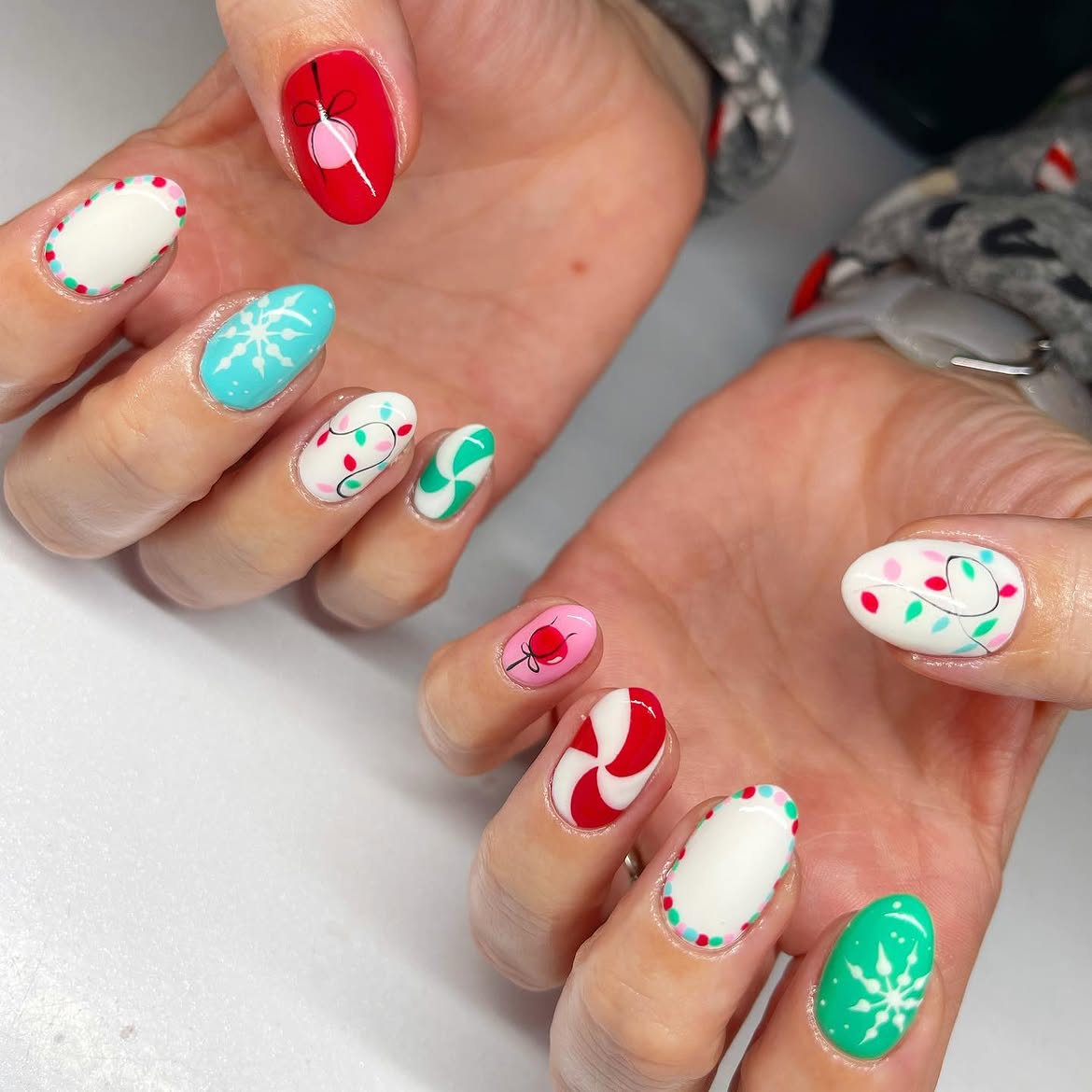 Festive Christmas Lights And Holiday Mismatched Nail Art