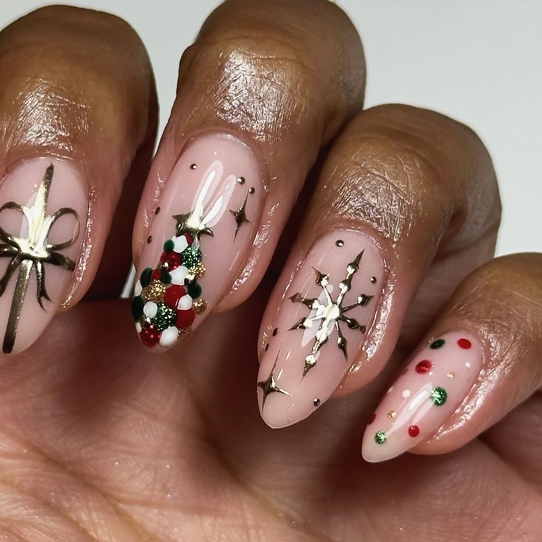Festive Christmas Tree and Snowflake Nail Art
