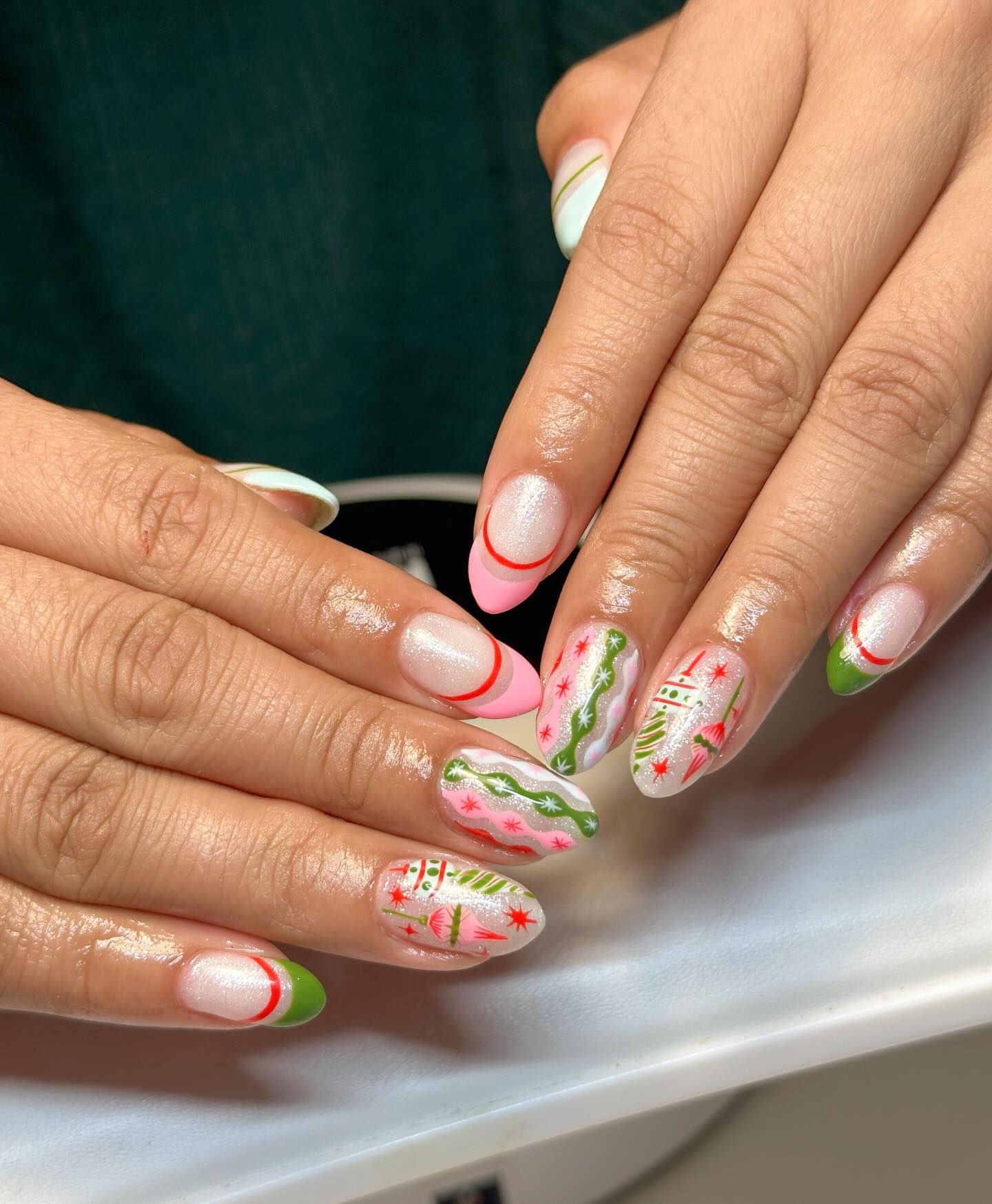 Festive Christmas Tree and Star French Tip Nails