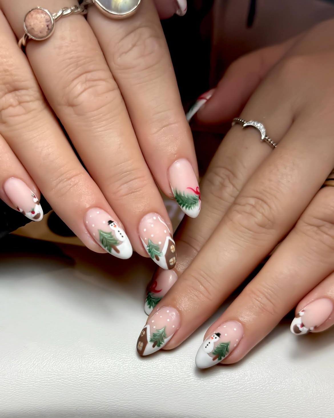 Festive Christmas Village Almond French Tips