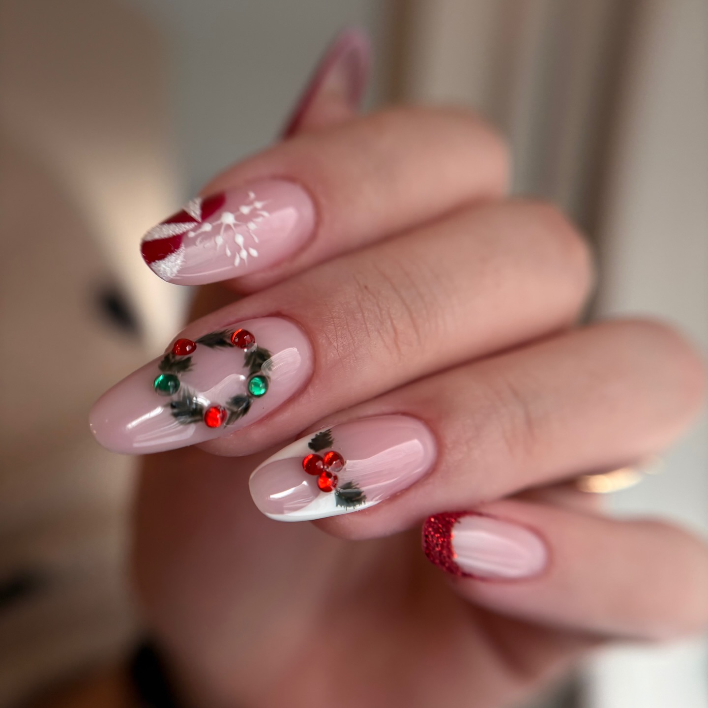 Festive Christmas Wreath and Ornament Almond Nails