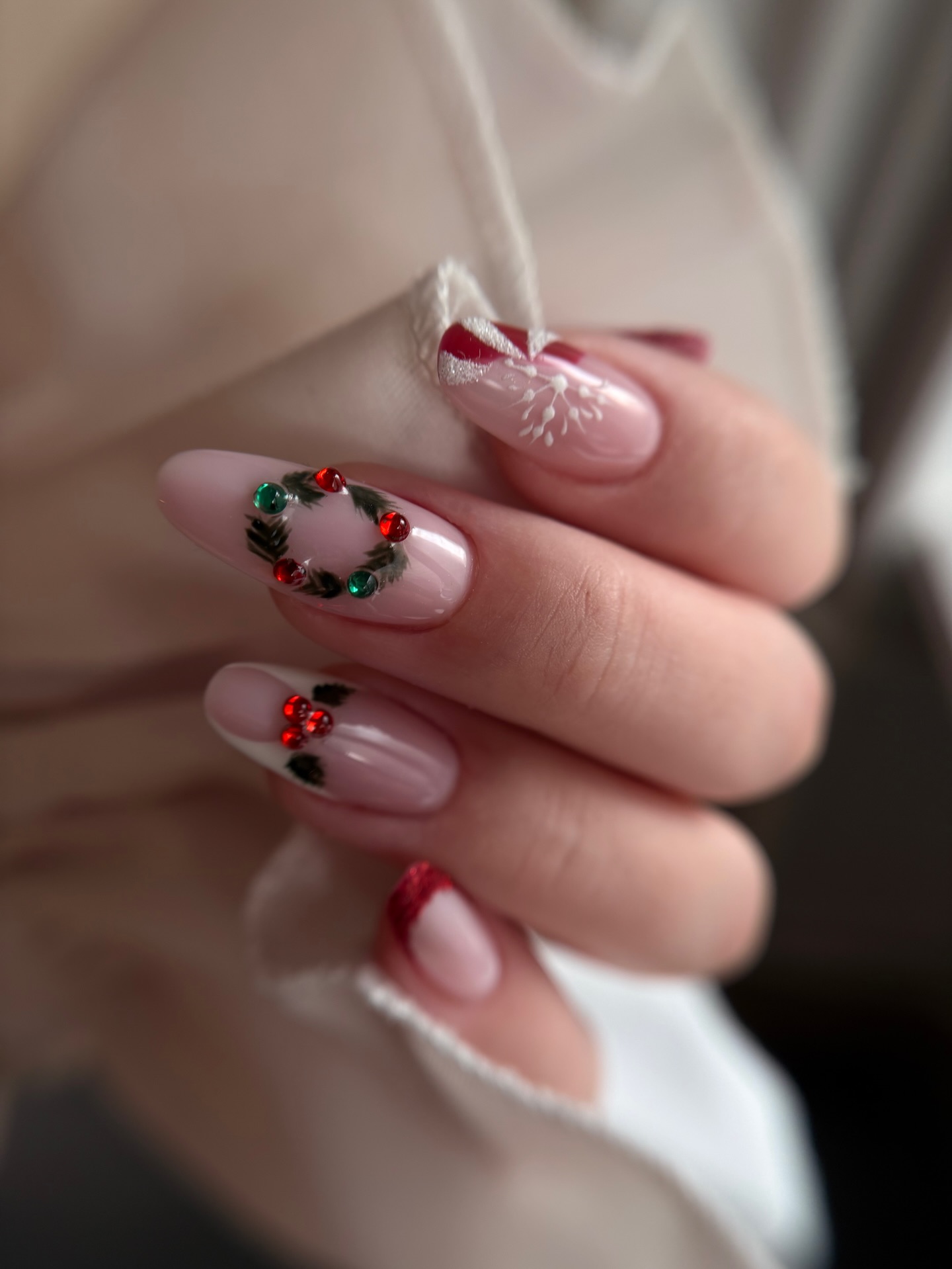 Festive Christmas Wreath & Holly Almond Nails