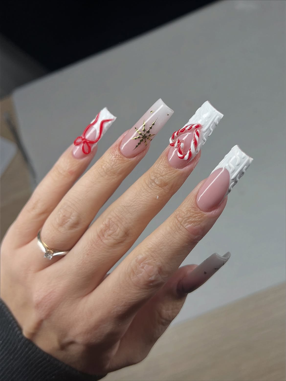 Festive French Tip Candy Cane & Snowflake Nails