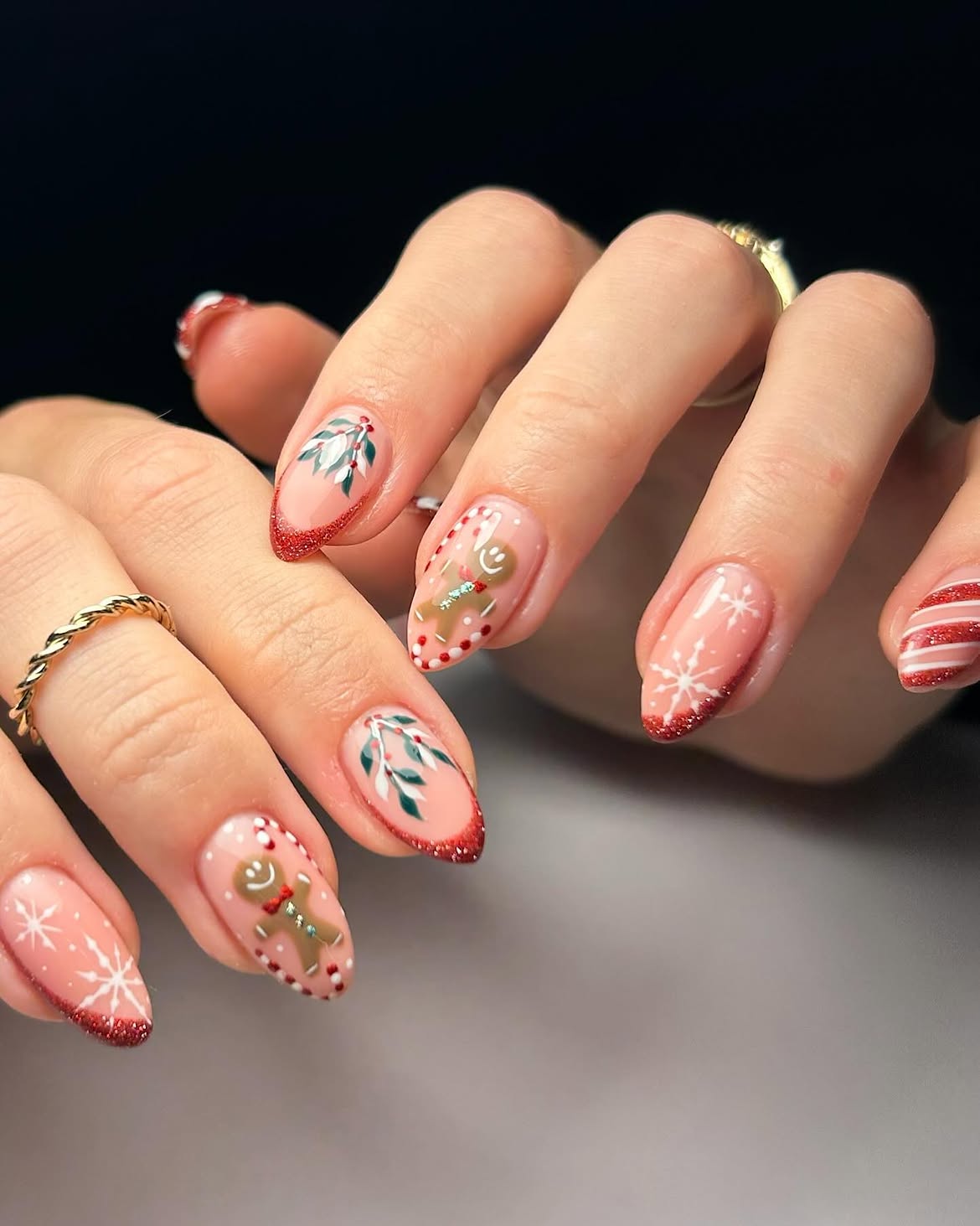 Festive Gingerbread And Candy Cane Almond Nail Art