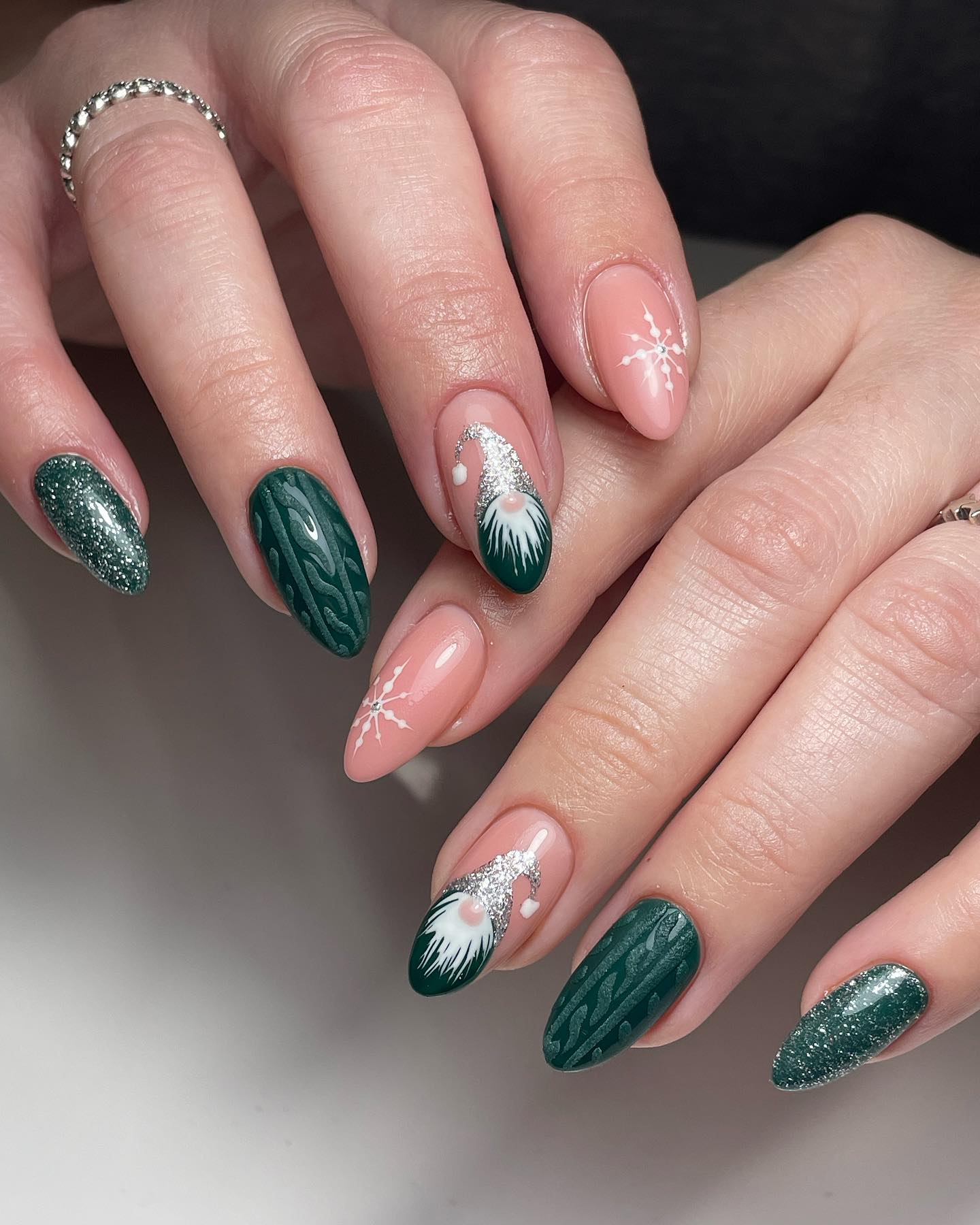 Festive Gnome and Snowflake Almond Nails