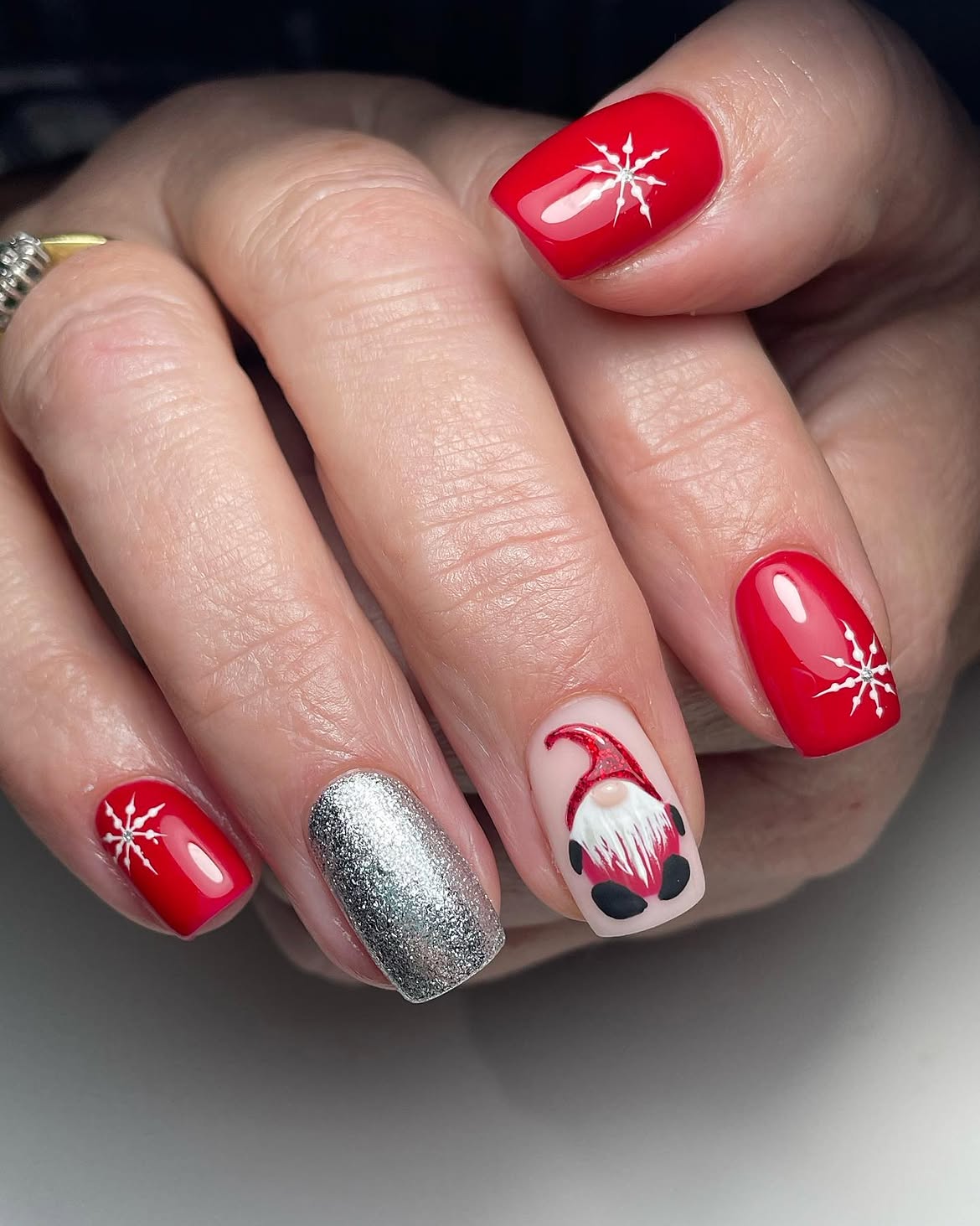 Festive Gnome and Snowflake Christmas Nails
