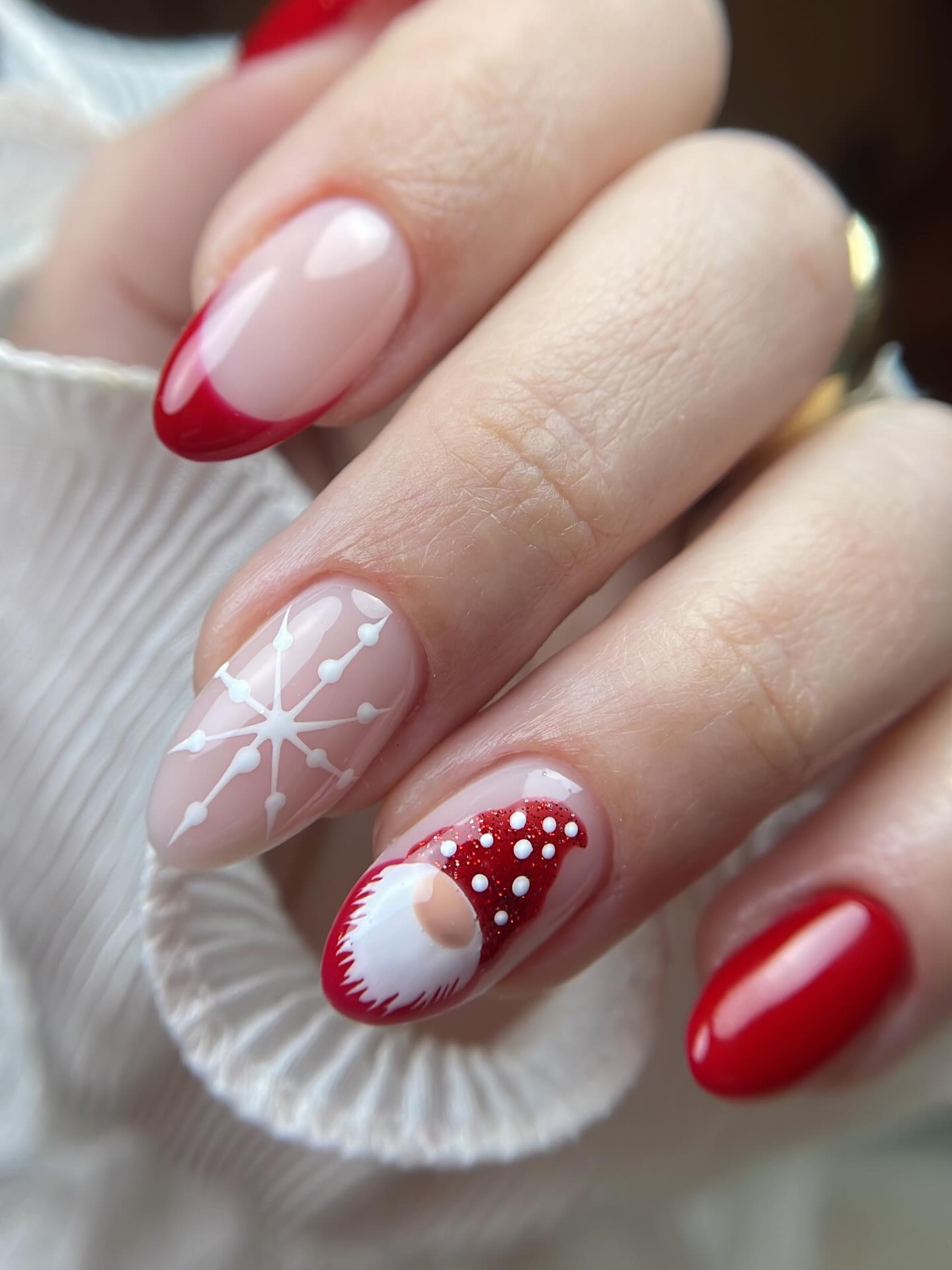 Festive Gnome and Snowflake French Tip Christmas Nails