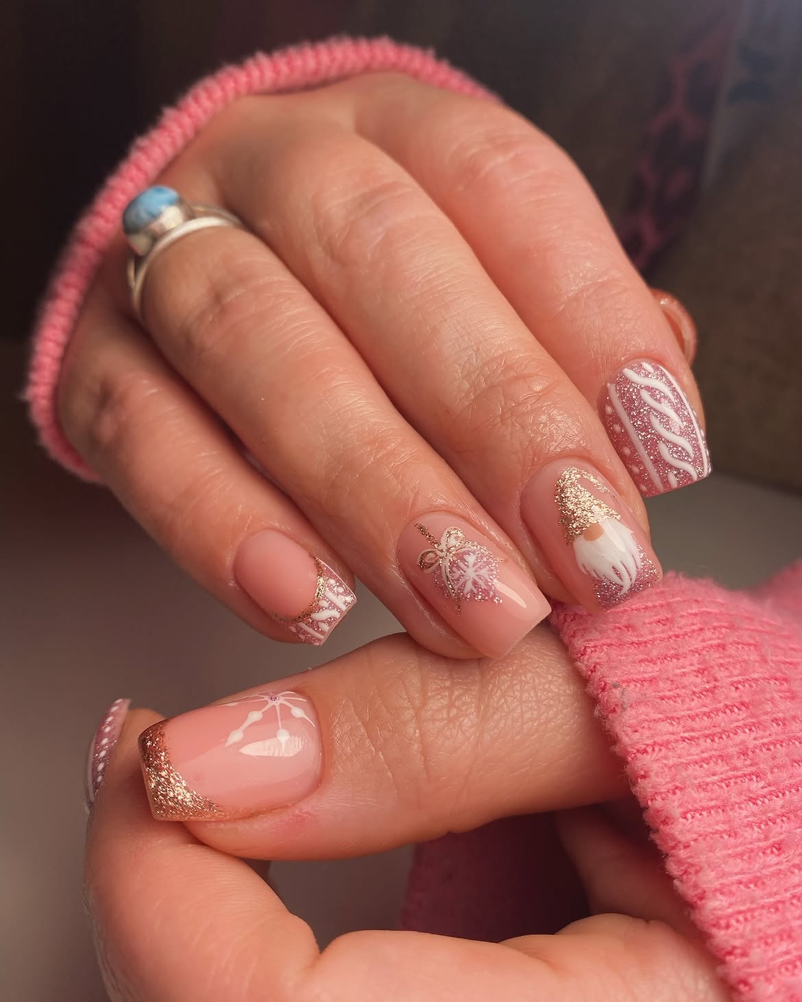 Festive Gnome and Snowflakes French Tips