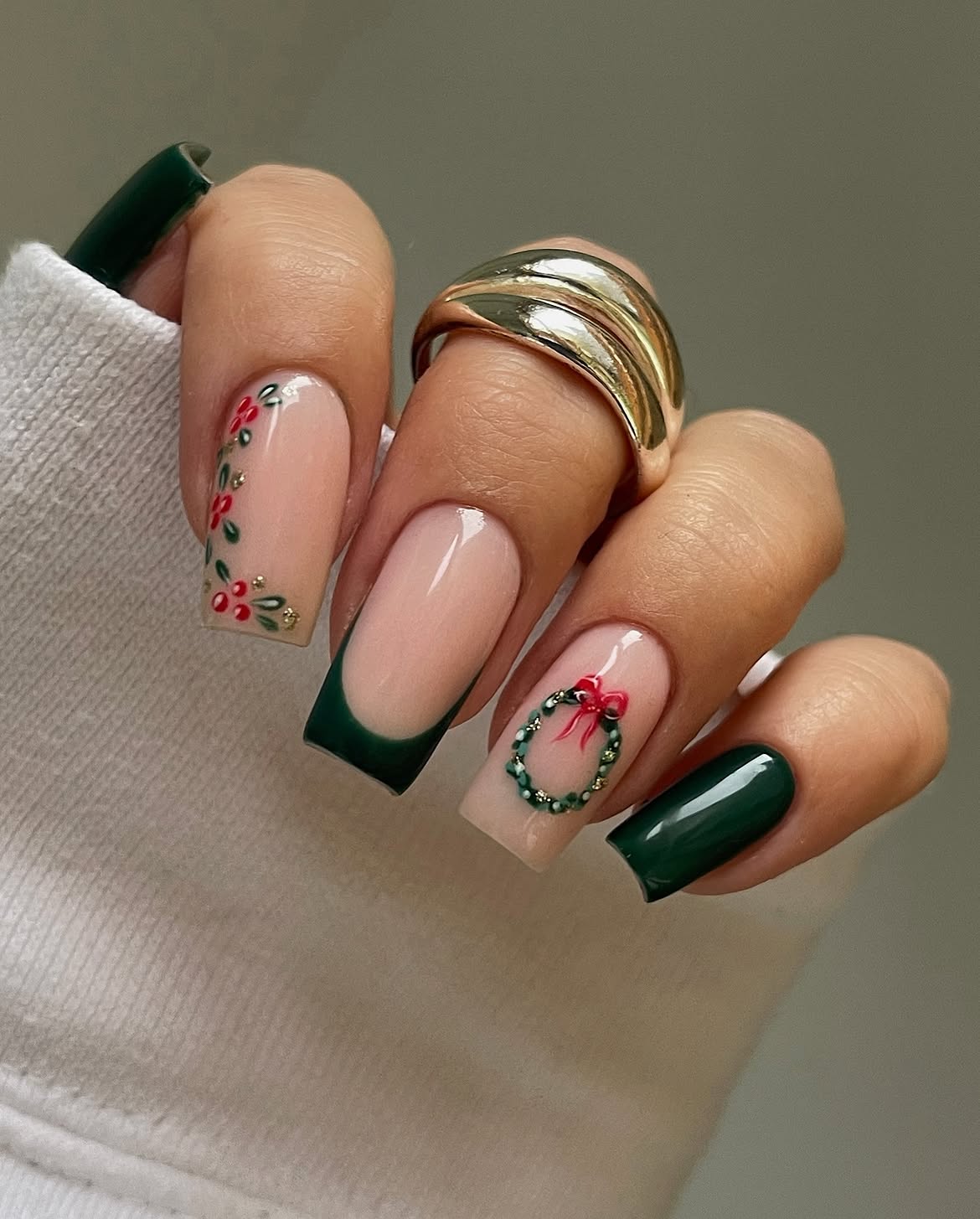 Festive Green French Tip Christmas Wreath Nails