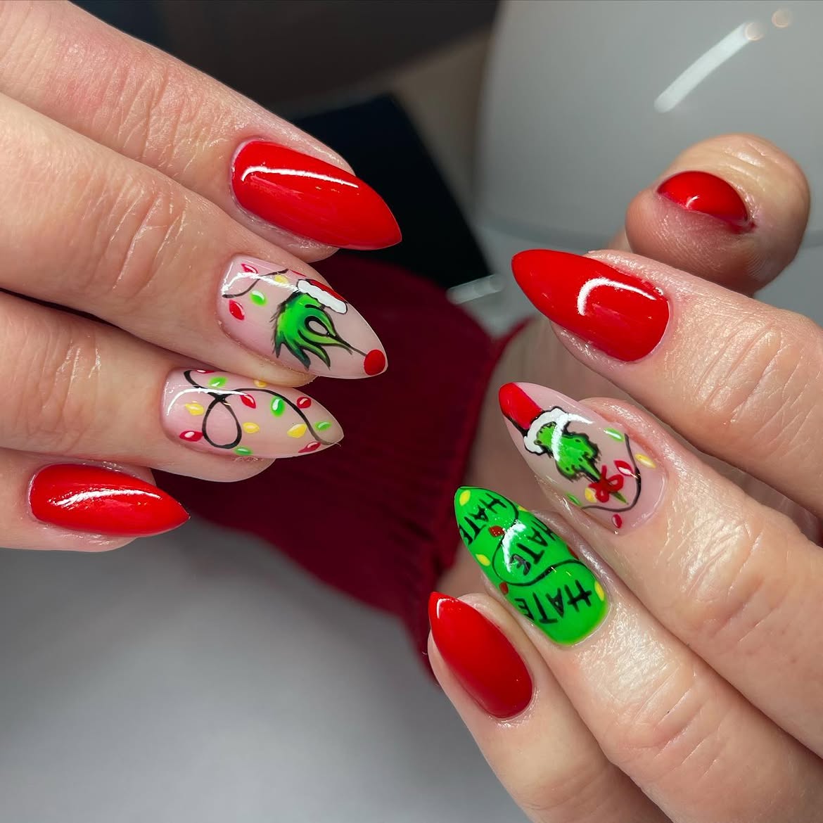 Festive Grinch Hand Painted Christmas Nail Art
