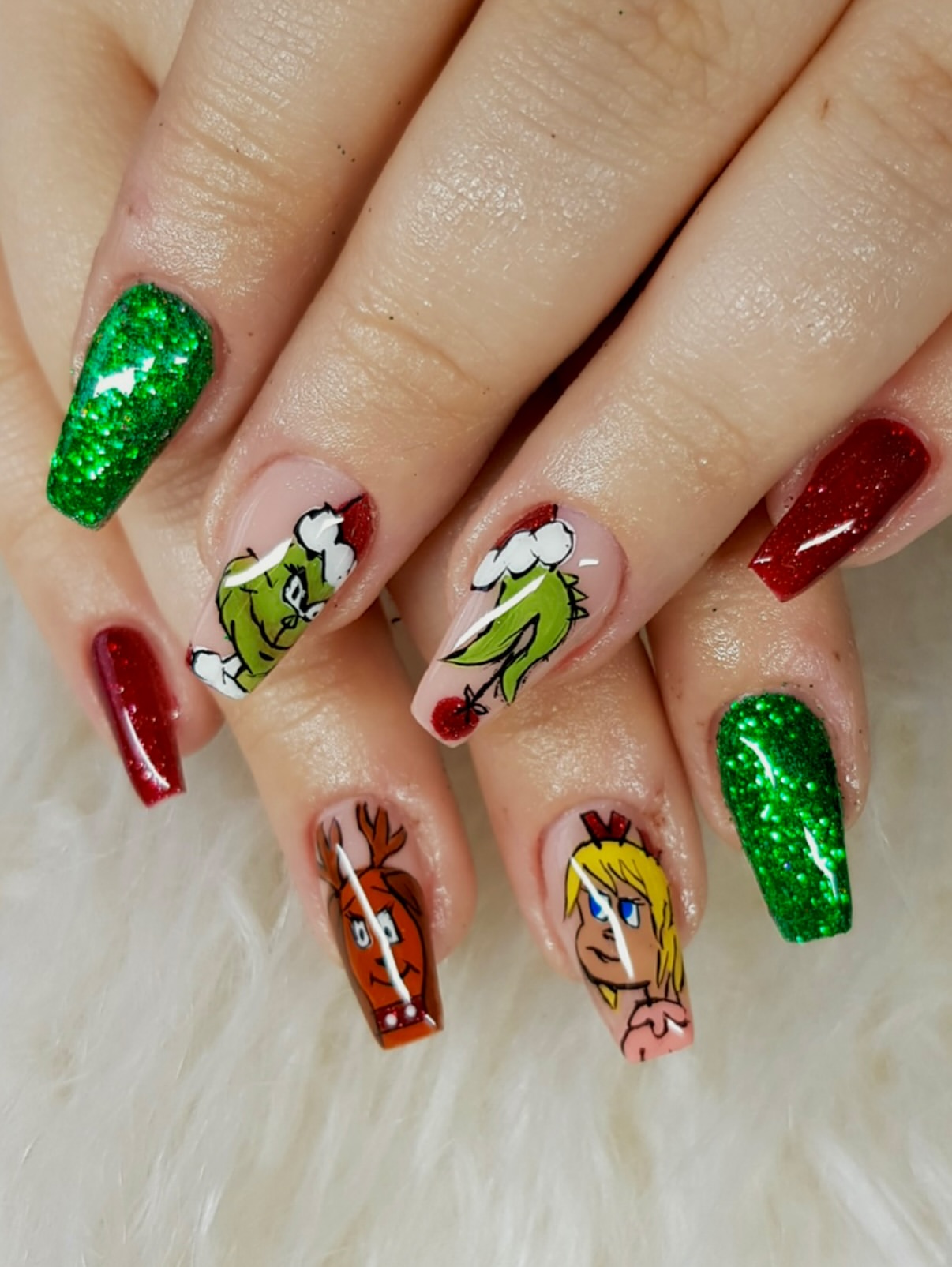 Festive Grinch Hand Painted Holiday Nail Art