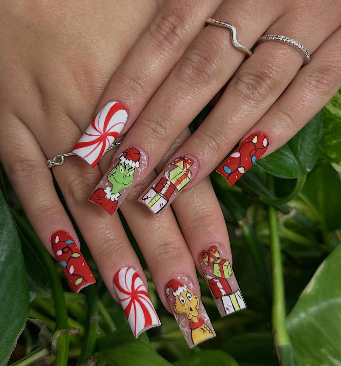 Festive Grinch Hand Painted Holiday Nail Art