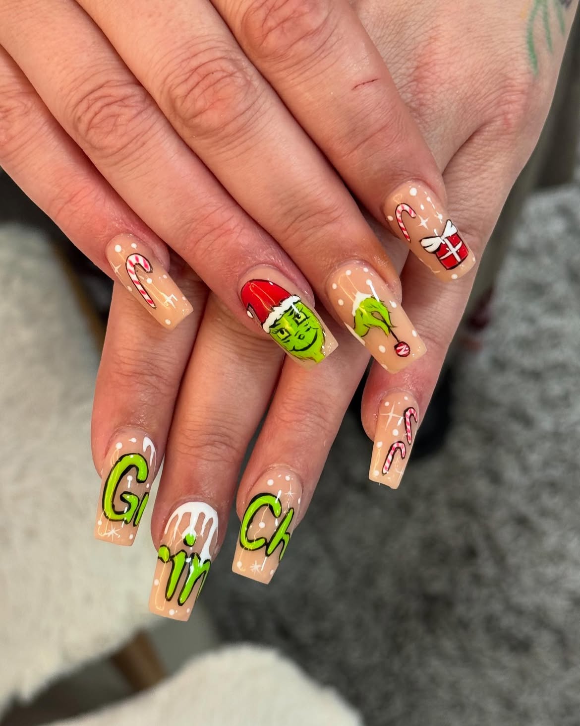Festive Grinch Hand Painted Holiday Square Nails
