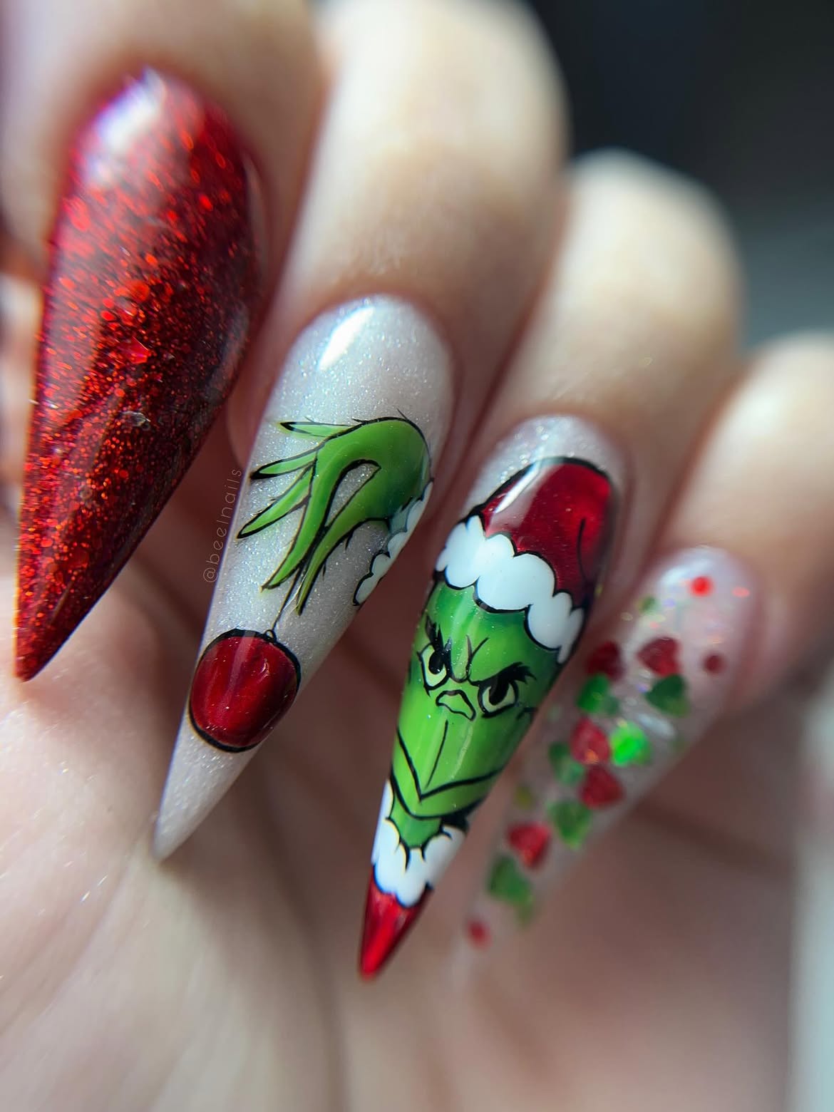Festive Grinch Hand Painted Stiletto Christmas Nails